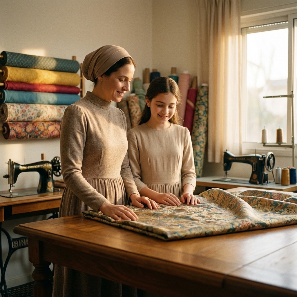 Transmission autour du tissu, mère et fille à l’atelier